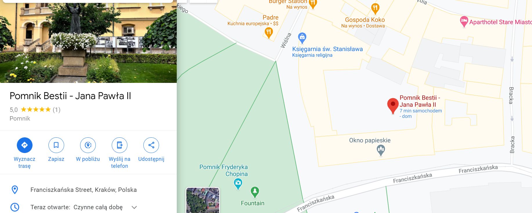 Krakowski pomnik Jana Pawła II ze zmienioną nazwą na Google Maps. Ktoś dodał słowo „bestia”