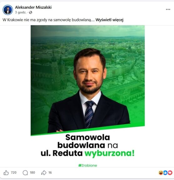 Rozbiórka samowoli budowlanej przy ul. Reduta w Krakowie. I prezydent Aleksander Miszalski, i radny Łukasz Gibała pochwalili się sukcesem