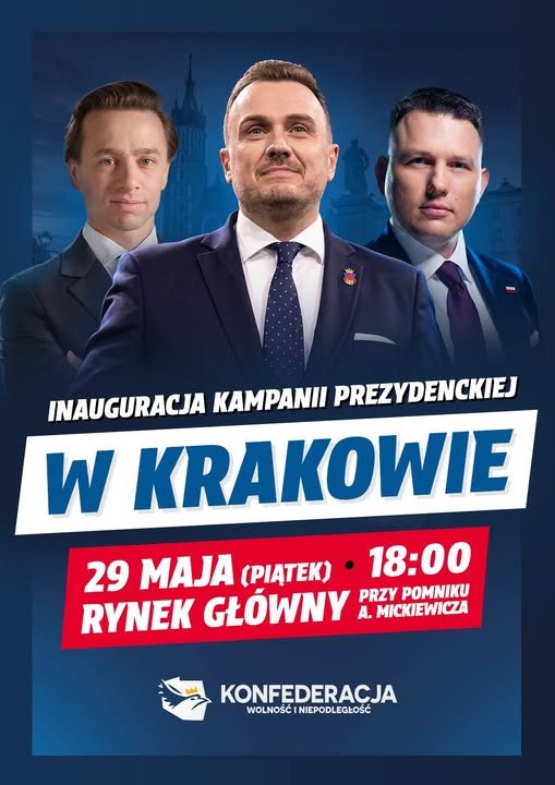 Konfederacja jako pierwsza rusza z kampanią wyborczą na prezydenta Krakowa. Bocheńczak, Mentzen i Bosak na Rynku Głównym