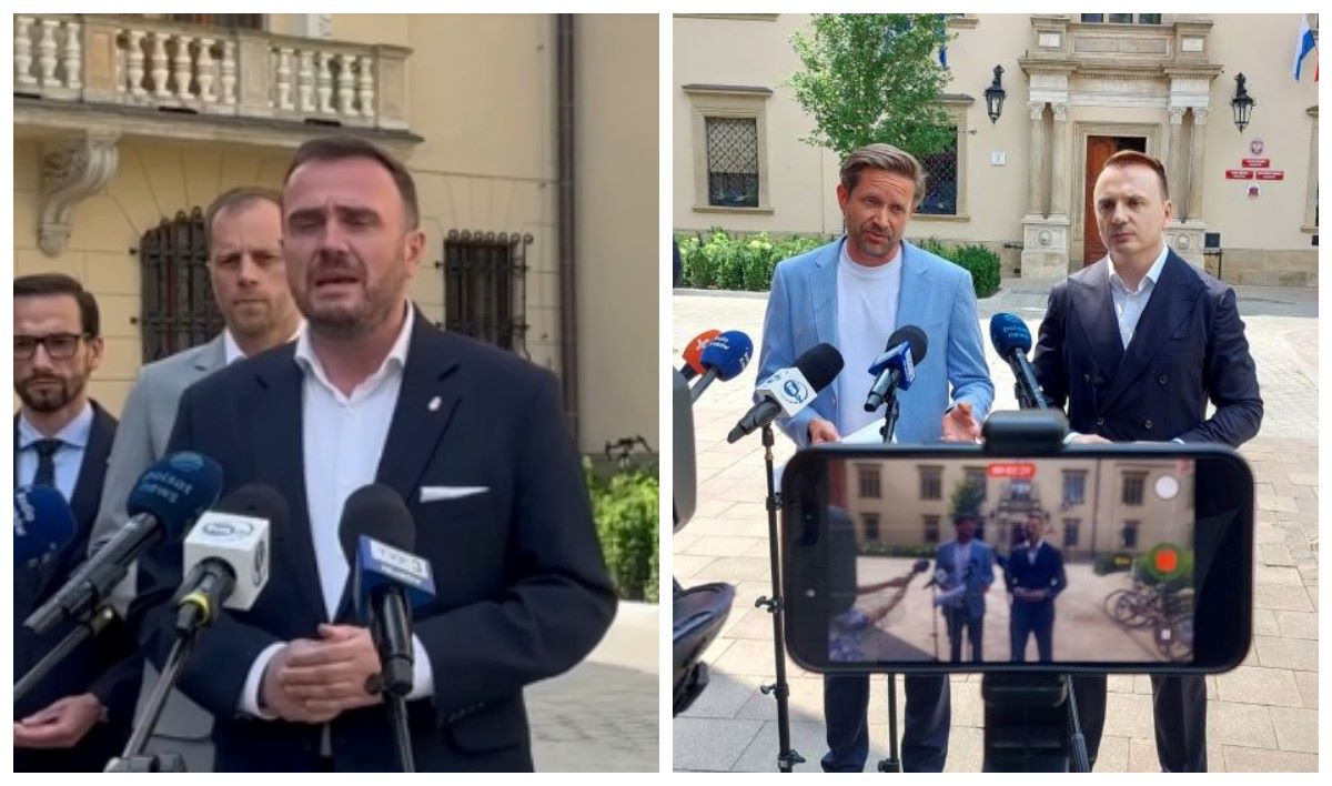 Bartosz Bocheńczak wezwał radnych do tablicy. Odpowiedzieli Łukasz Gibała i Michał Starobrat. W tle „złoty chłopiec KO”