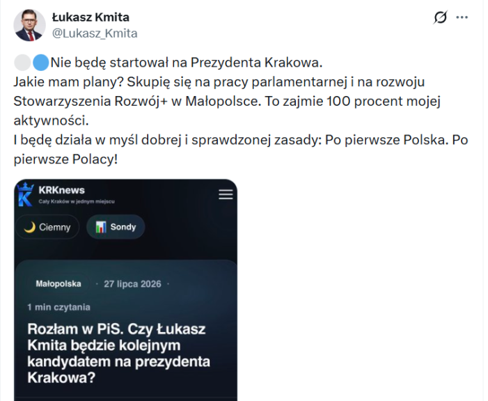 Jest reakcja na publikację KRKnews. Łukasz Kmita nie wystartuje w wyborach na prezydenta Krakowa